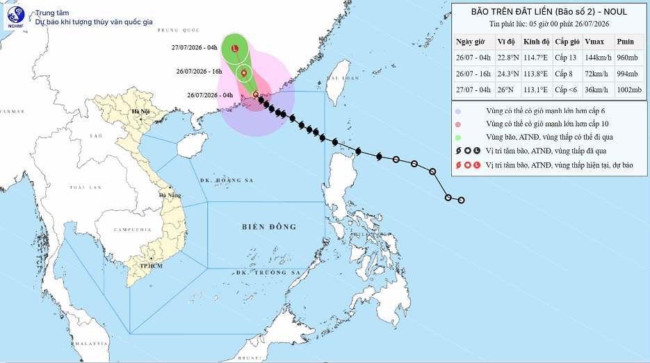 TIN BÃO TRÊN BIỂN ĐÔNG (Cơn bão số 02) ( 26/07/2026 05:00 )
